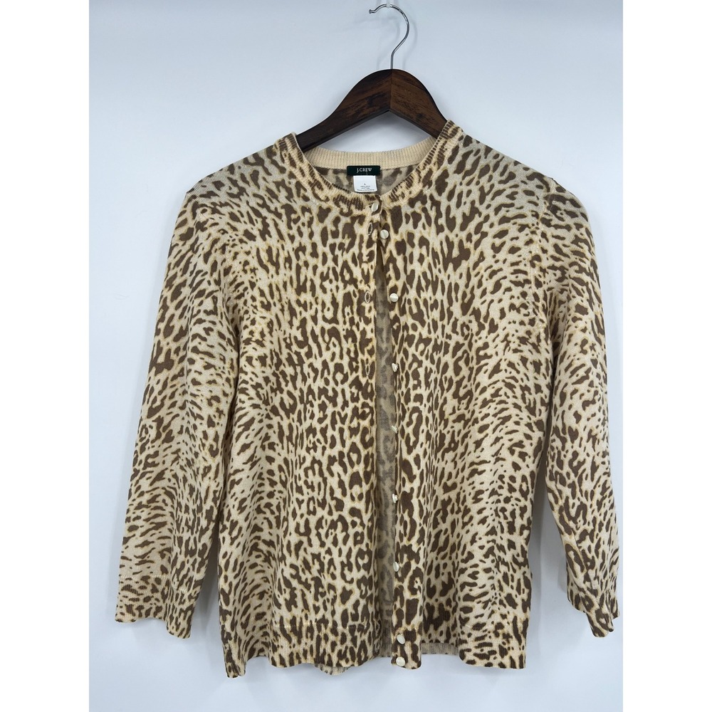 J Crew leopard print cardigan crew neckline 100% wool women's large sweater